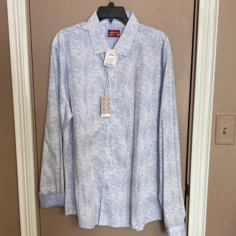 Consequense Brand Light Blue Paisley Men's Dress Shirt. NWT Size X-Large